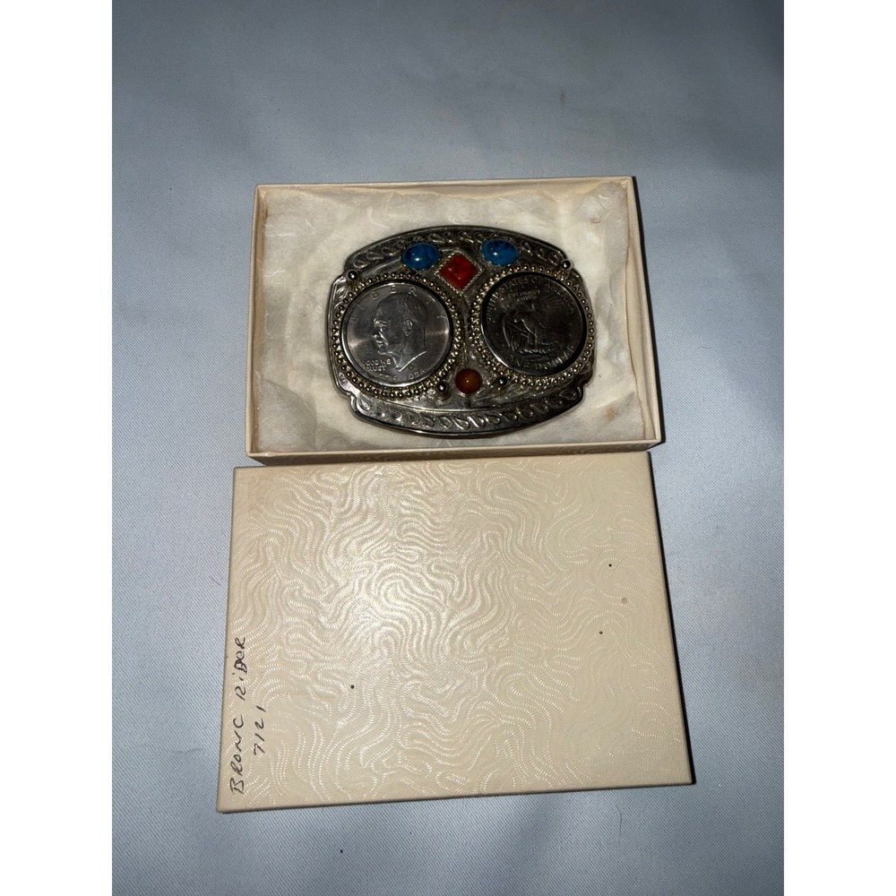 Vintage Bicentennial Eisenhower Silver Dollar Belt Buckle Turquoise Coral Stone - Picture 5 of 5